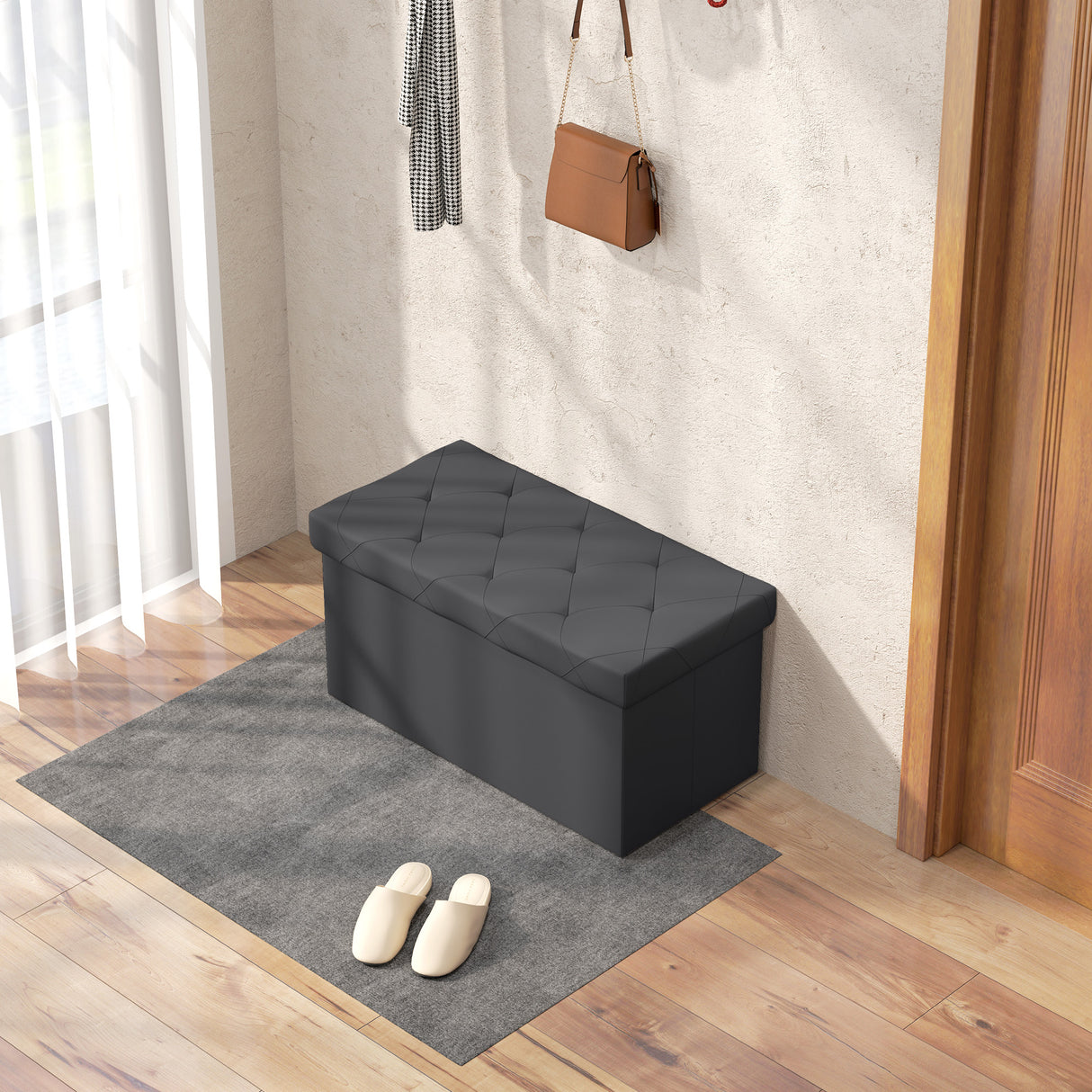 easycomfort easycomfort panca contenitore pieghevole da 84l coperchio imbottito e rivestimento finta pelle 76x38x38cm grigio