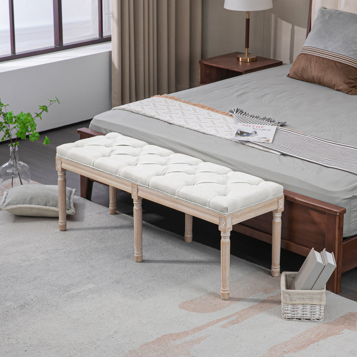 easycomfort easycomfort panca fondoletto imbottita stile vintage in tessuto e gambe in legno 117x40x48 cm crema