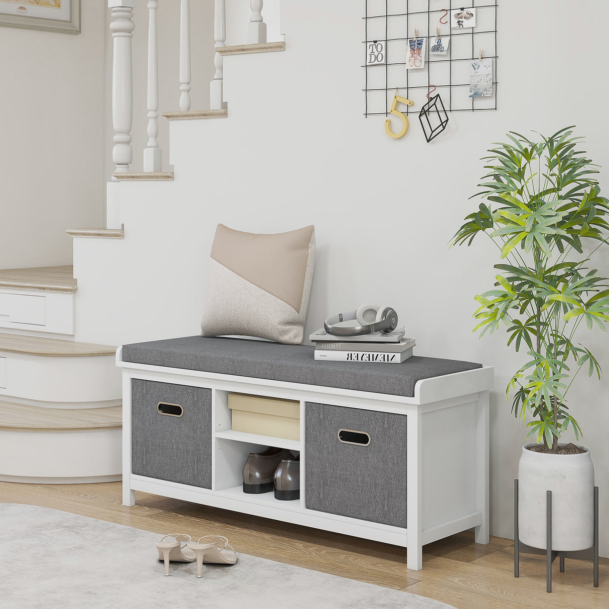 easycomfort easycomfort panca scarpiera con ripiano regolabile a 3 livelli e 2 cassetti in truciolato 105x35x47 cm bianca e grigia