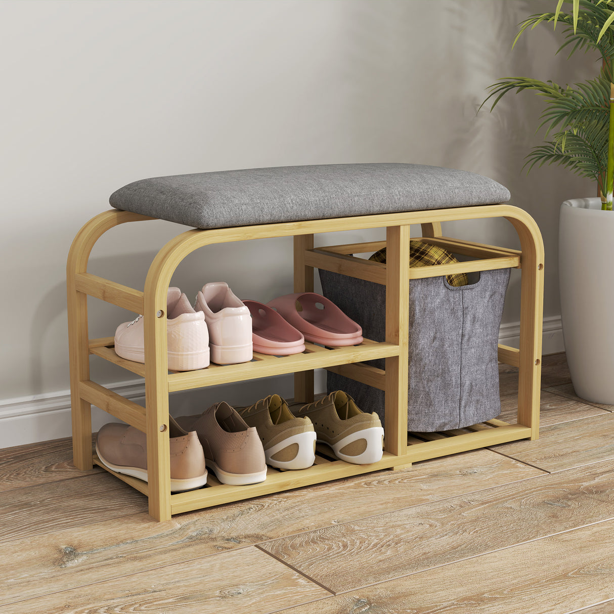easycomfort easycomfort panca scarpiera da ingresso con seduta imbottita design a doghe e cestino estraibile 70x30x45 cm legno