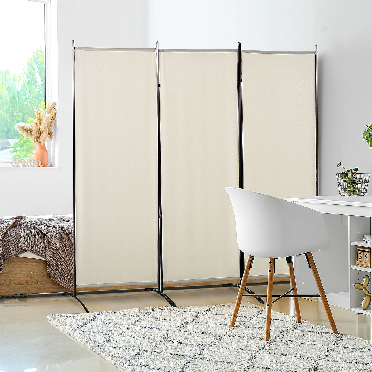 easycomfort easycomfort paravento separe da interno a 3 pannelli pieghevole in metallo e poliestere 253x50x182cm beige