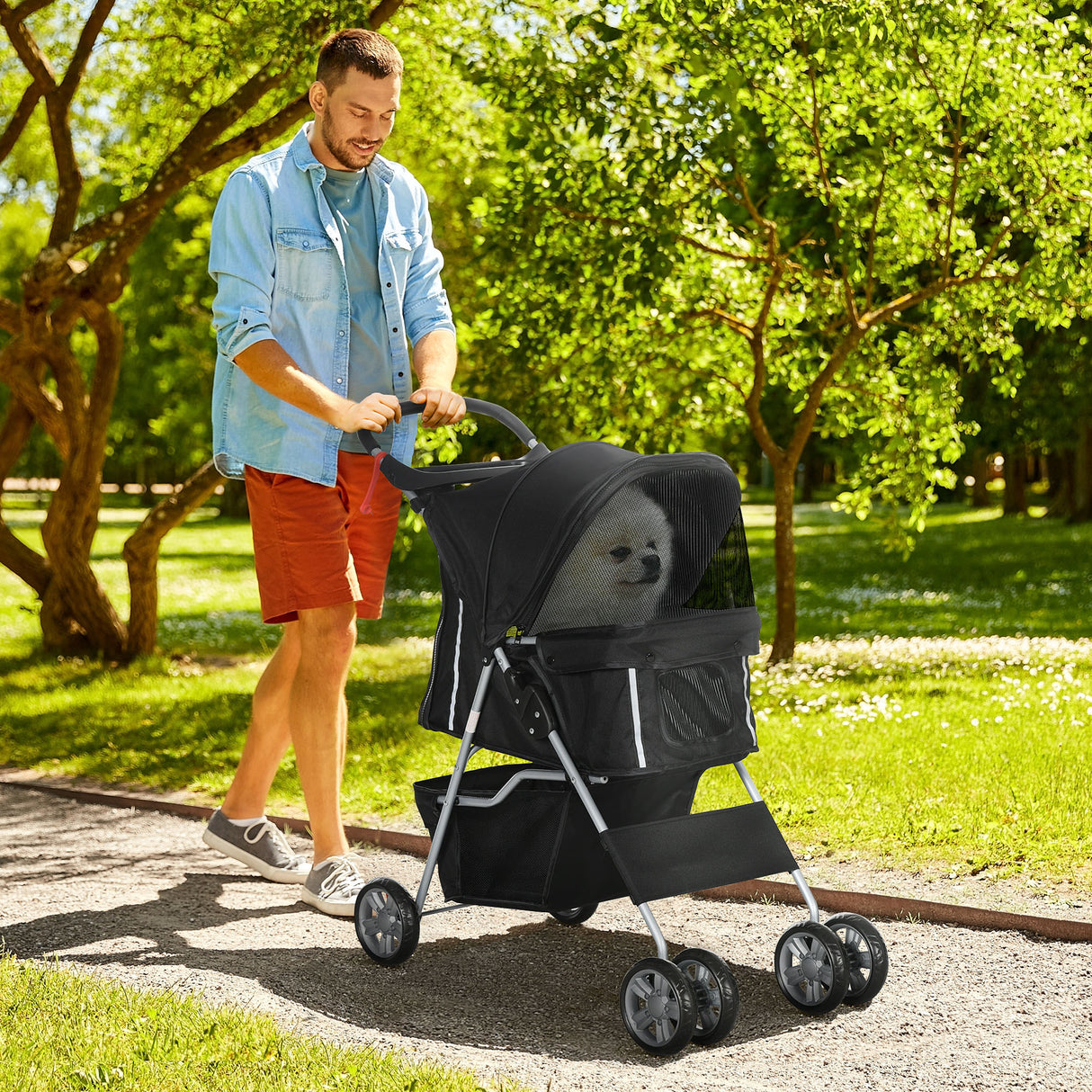 easycomfort easycomfort passeggino per cani pieghevole con cestino e portabicchiere peso max 10 kg 75x45x97cm nero