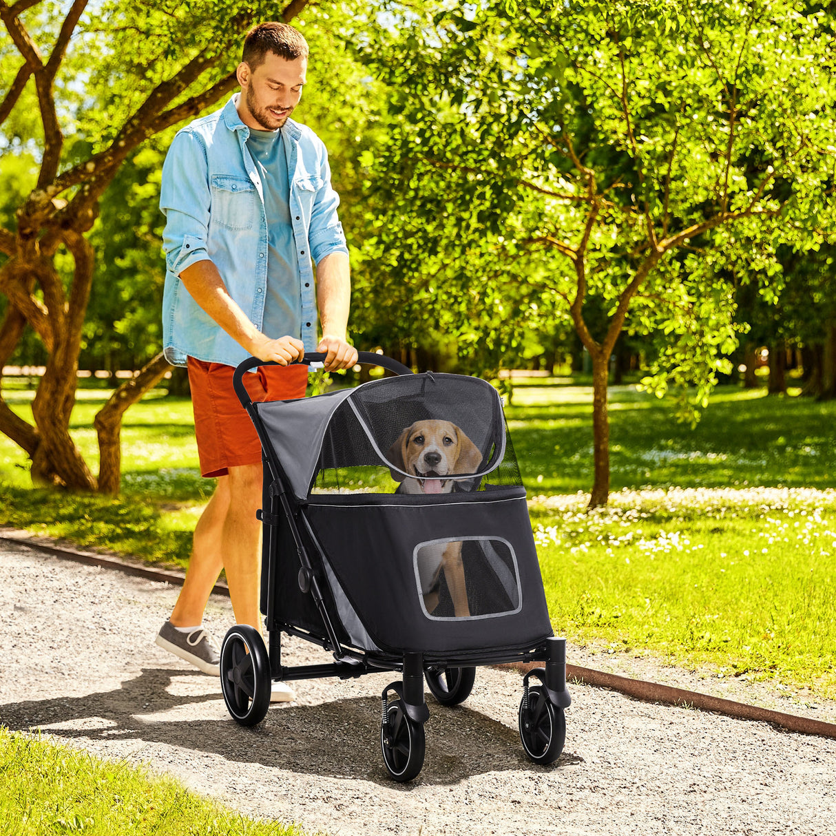 easycomfort easycomfort passeggino per cani pieghevole con ingressi a cerniera e finestre a rete 112x65x100 cm grigio scuro e nero
