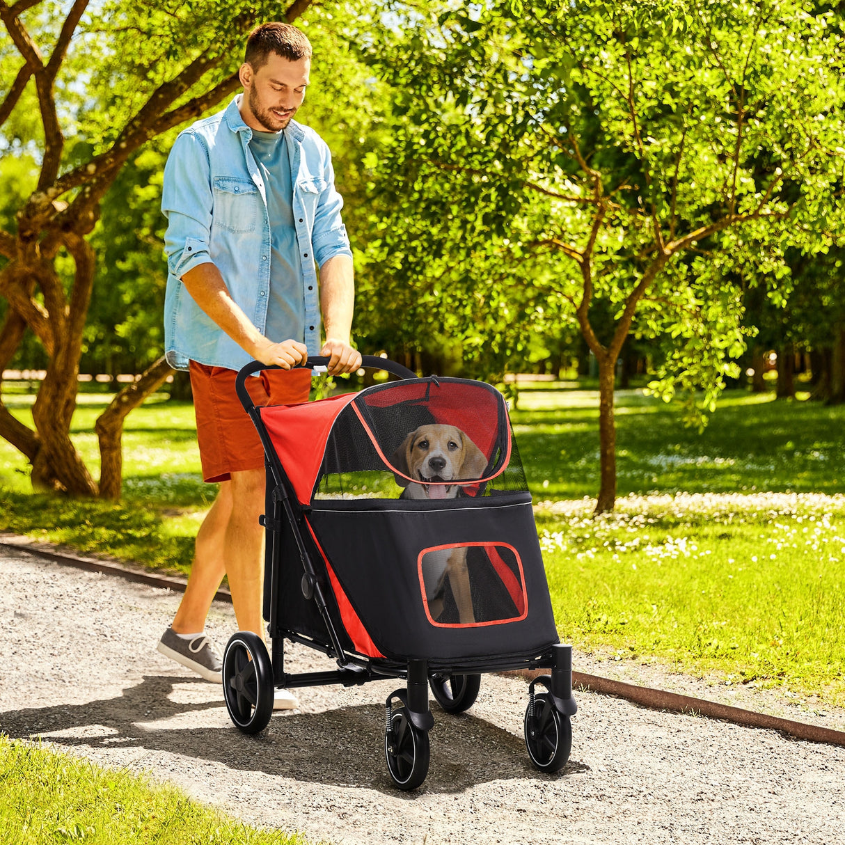 easycomfort easycomfort passeggino per cani pieghevole con ingressi a cerniera e finestre a rete 112x65x100 cm nero e rosso