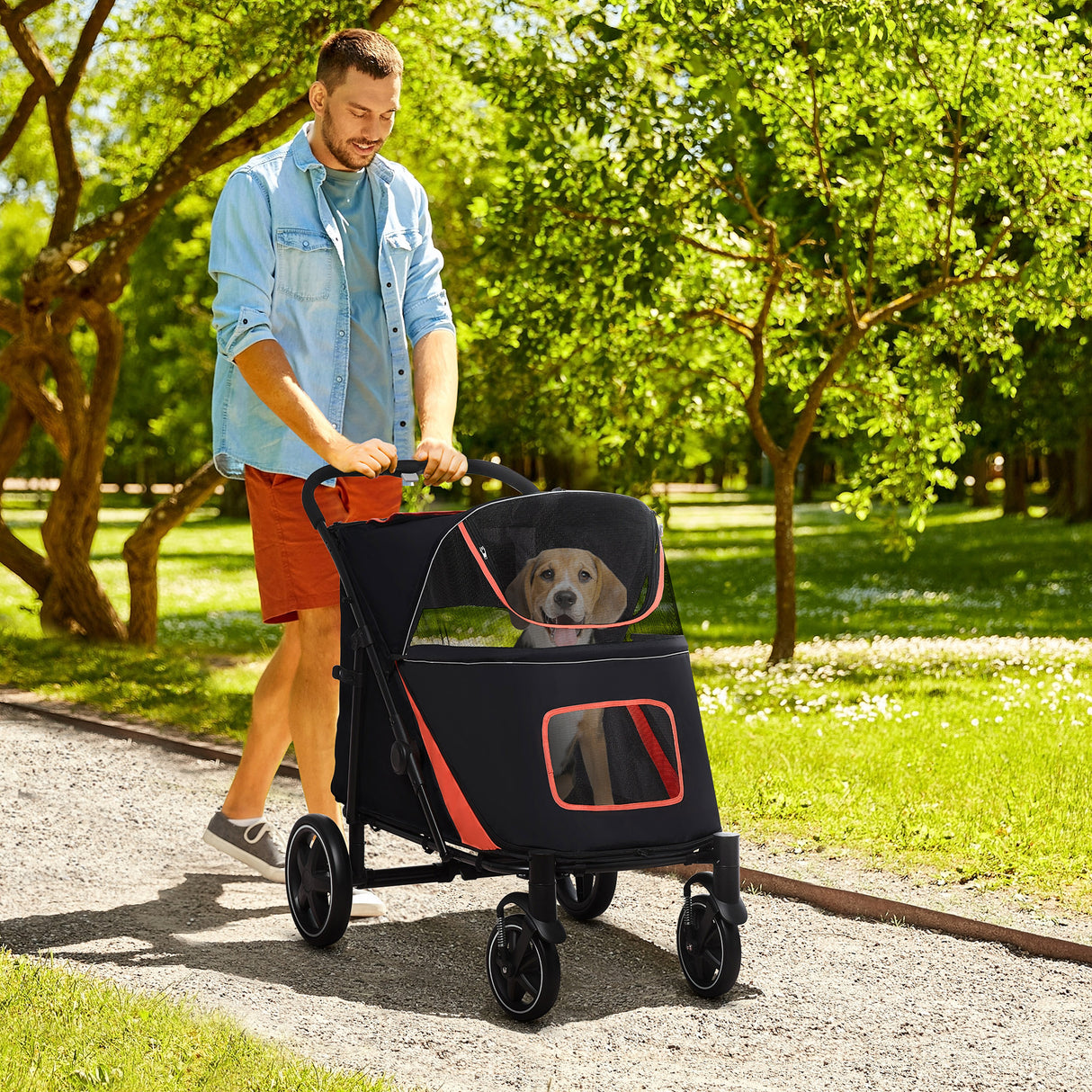 easycomfort easycomfort passeggino per cani pieghevole con ingressi a cerniera e finestre a rete 112x65x100 cm rosso e nero