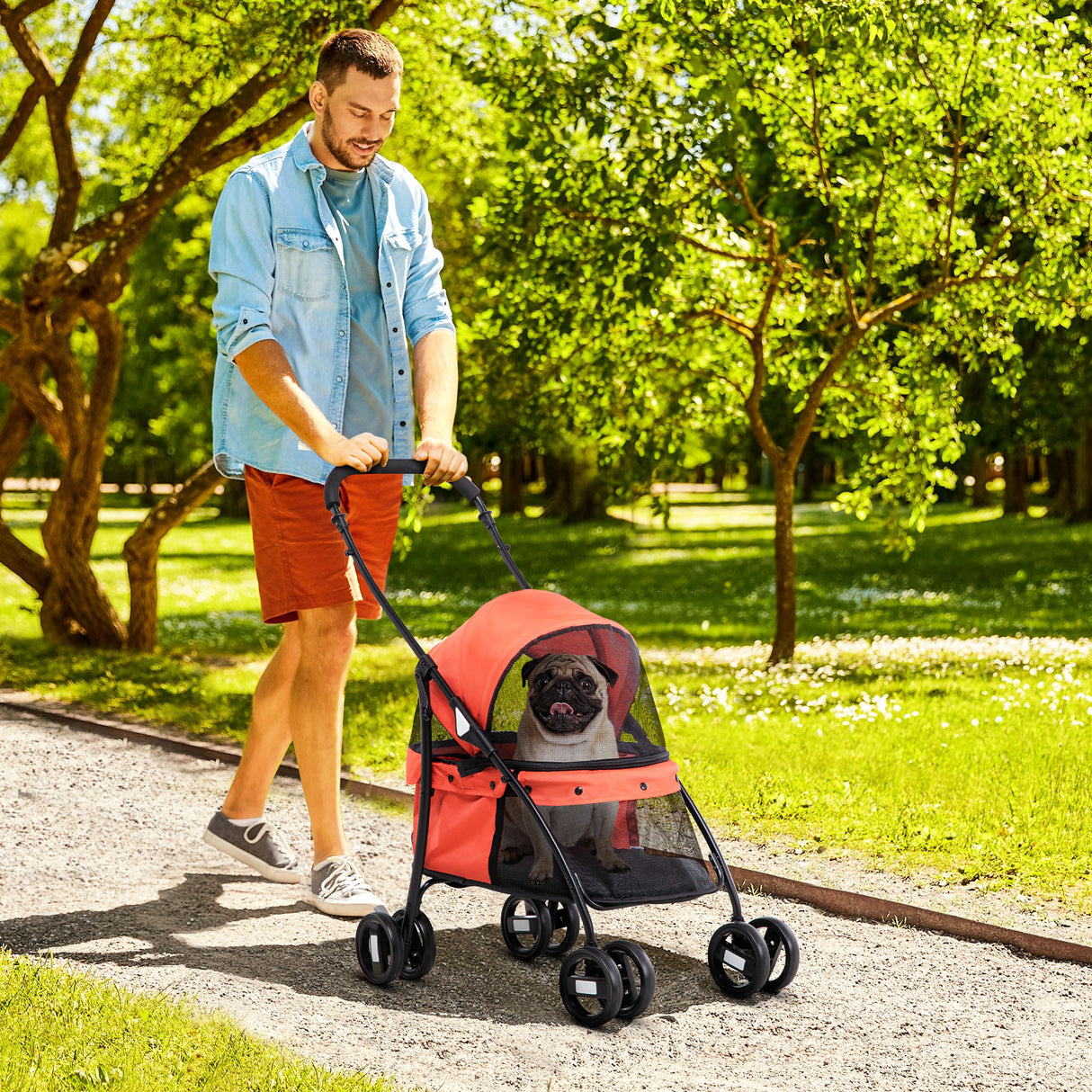 easycomfort easycomfort passeggino per cani pieghevole con tettuccio regolabile borsa e 2 guinzagli 82x47x97 cm rosso e nero