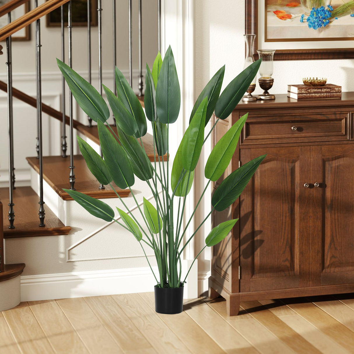 easycomfort easycomfort pianta artificiale verde di uccello del paradiso da 20 foglie di 140 cm con vaso in pe peva e pp