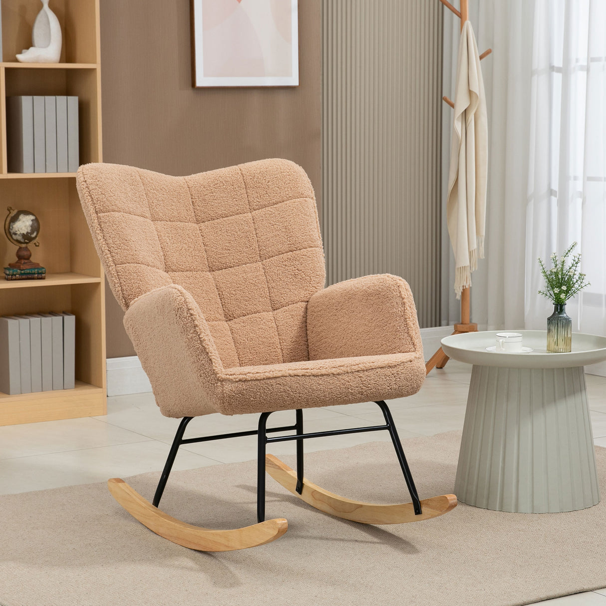 easycomfort easycomfort poltrona a dondolo imbottita in legno e acciaio con rivestimento boucle 71x98x101 cm marrone