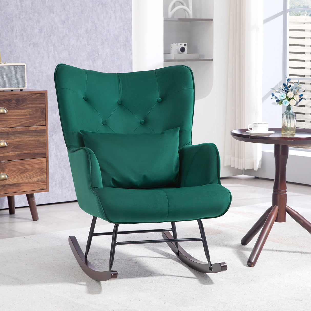 easycomfort easycomfort poltrona a dondolo in velluto con schienale alto a bottoni cuscino e braccioli verde