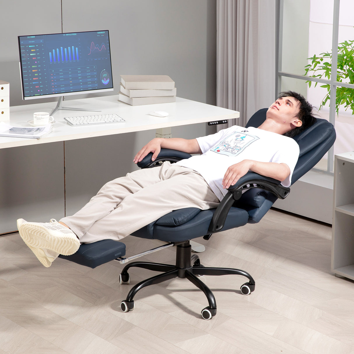 easycomfort easycomfort poltrona da ufficio con 7 punti massaggianti e poggiapiedi in pelle pu e acciaio 67x67x111 121 cm blu