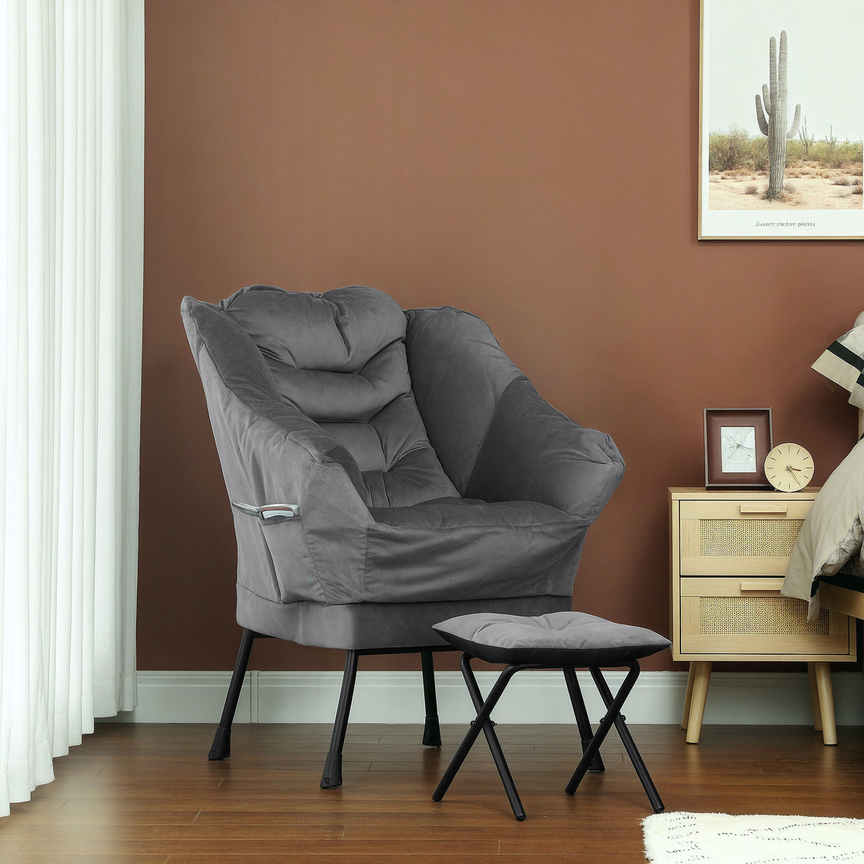 easycomfort easycomfort poltrona moderna con poggiapiedi e 2 tasche laterali in tessuto effetto velluto e acciaio 80x78x100 cm grigio
