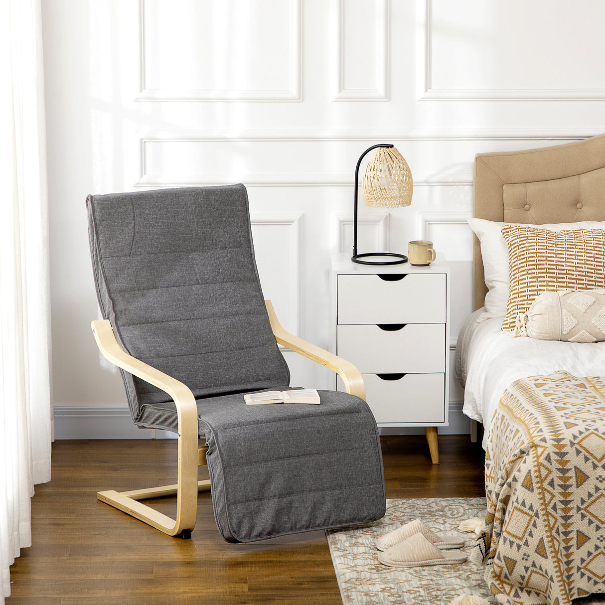 easycomfort easycomfort poltrona relax con poggiapiedi a 5 livelli e poggiatesta in legno di betulla e tessuto grigio