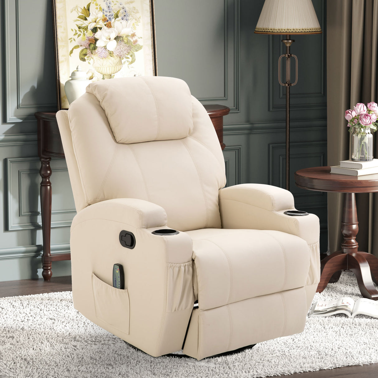 easycomfort easycomfort poltrona relax elettrica reclinabile girevole con 2 portabicchieri telecomando poggiapiedi e 4 tasche laterali in pelle pu legno e acciaio crema