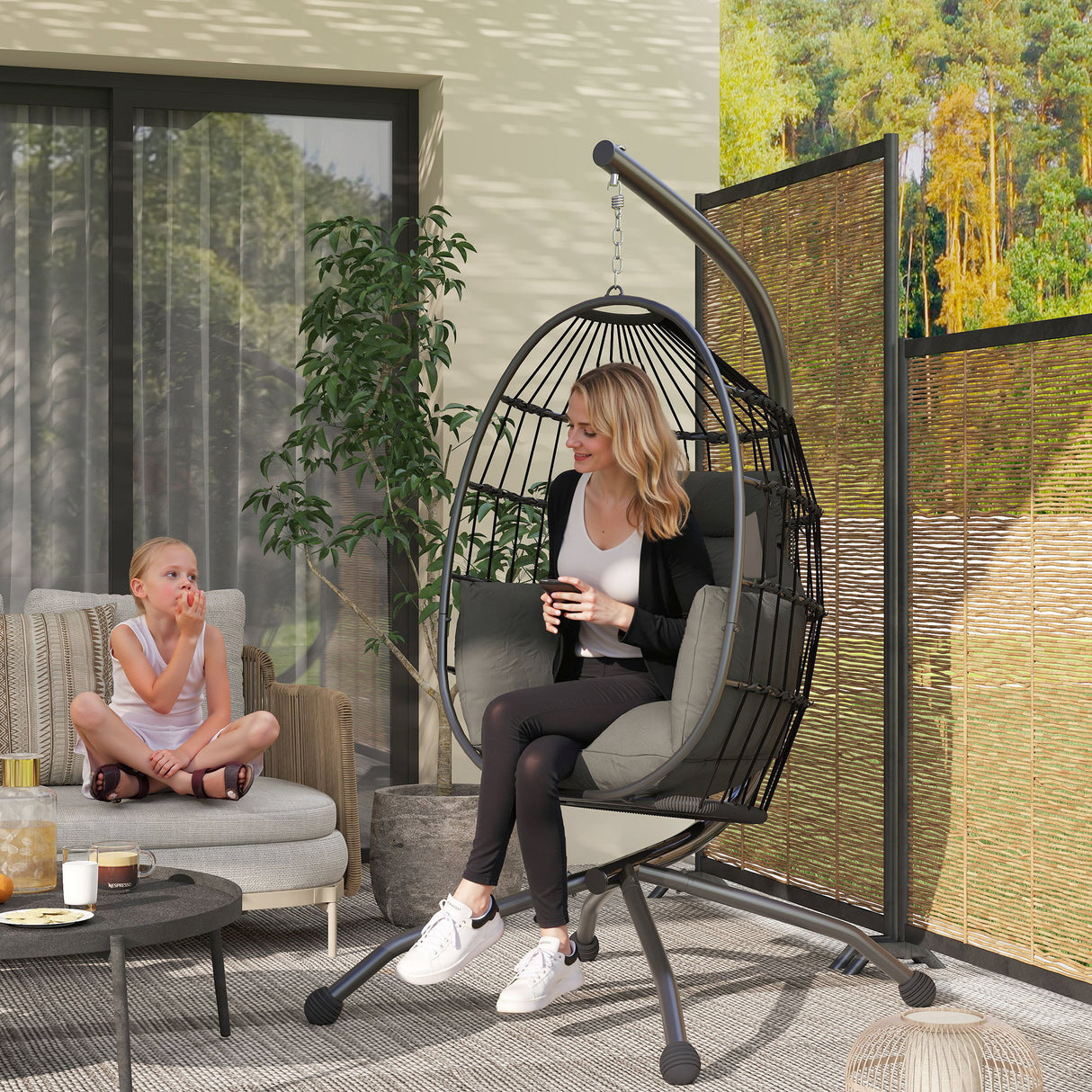 easycomfort easycomfort poltrona sospesa a uovo con gancio regolabile 2 cuscini e cesto in acciaio 120x88x192 cm nero e grigio