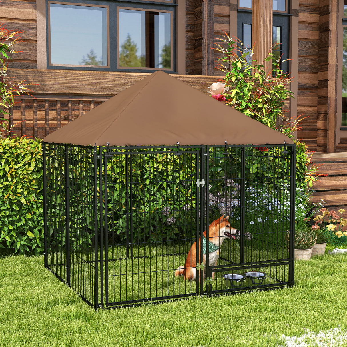 easycomfort easycomfort recinto per cani in metallo e tessuto oxford con porticina per ciotole 141x141x151 cm nero e marrone