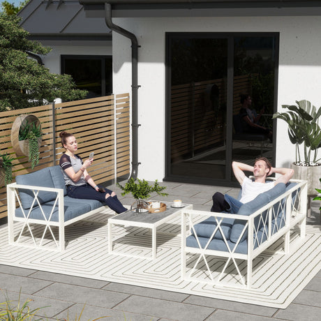 easycomfort easycomfort salotto da giardino angolare con poltrona reclinabile 2 divanetti con cuscini e tavolino grigio