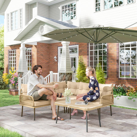 easycomfort easycomfort salotto da giardino in rattan 2 divanetti e poltrona angolare con cuscini tavolino in vetro colore legno