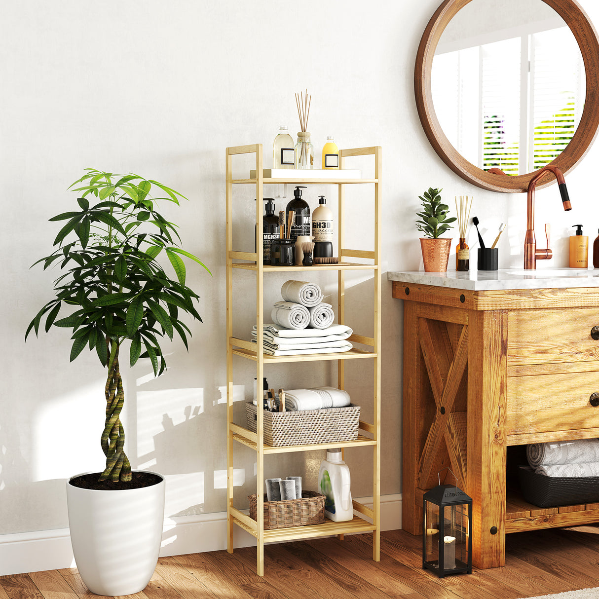 easycomfort easycomfort scaffale bagno a 5 ripiani regolabili in altezza in bambu 43 5x31 5x142 cm legno naturale