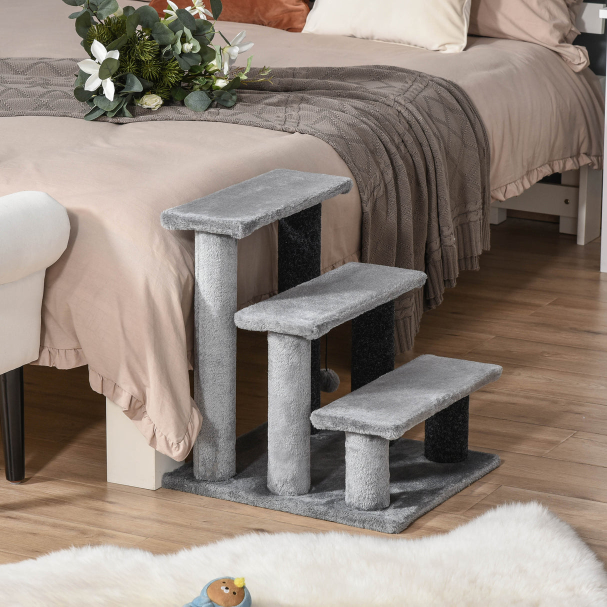 easycomfort easycomfort scaletta per gatti a 3 gradini con rivestimento in flanella e pallina 45x40x48cm grigio