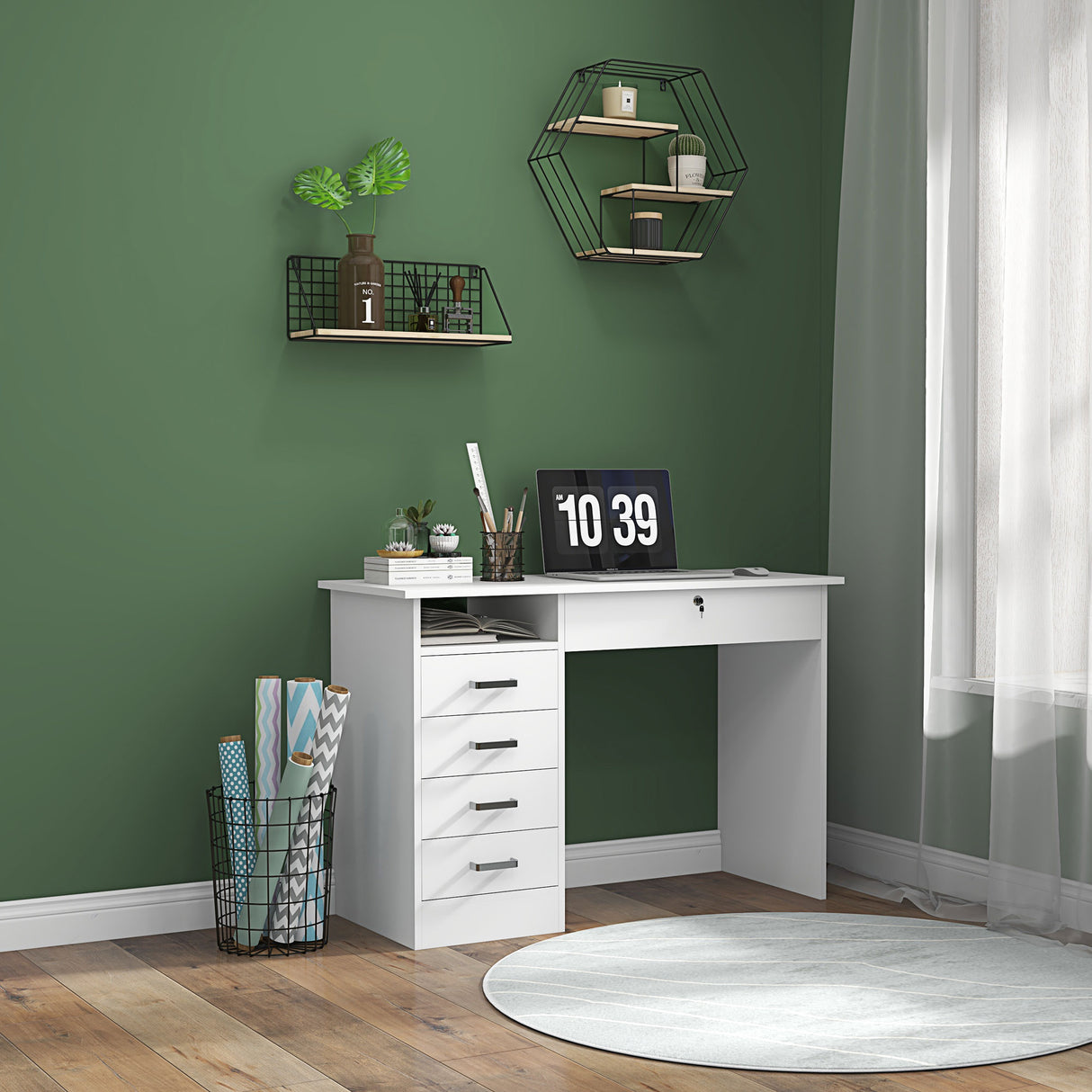 easycomfort easycomfort scrivania moderna con 5 cassetti e scomparto aperto con serratura e 2 chiavi 110x50x76cm bianco