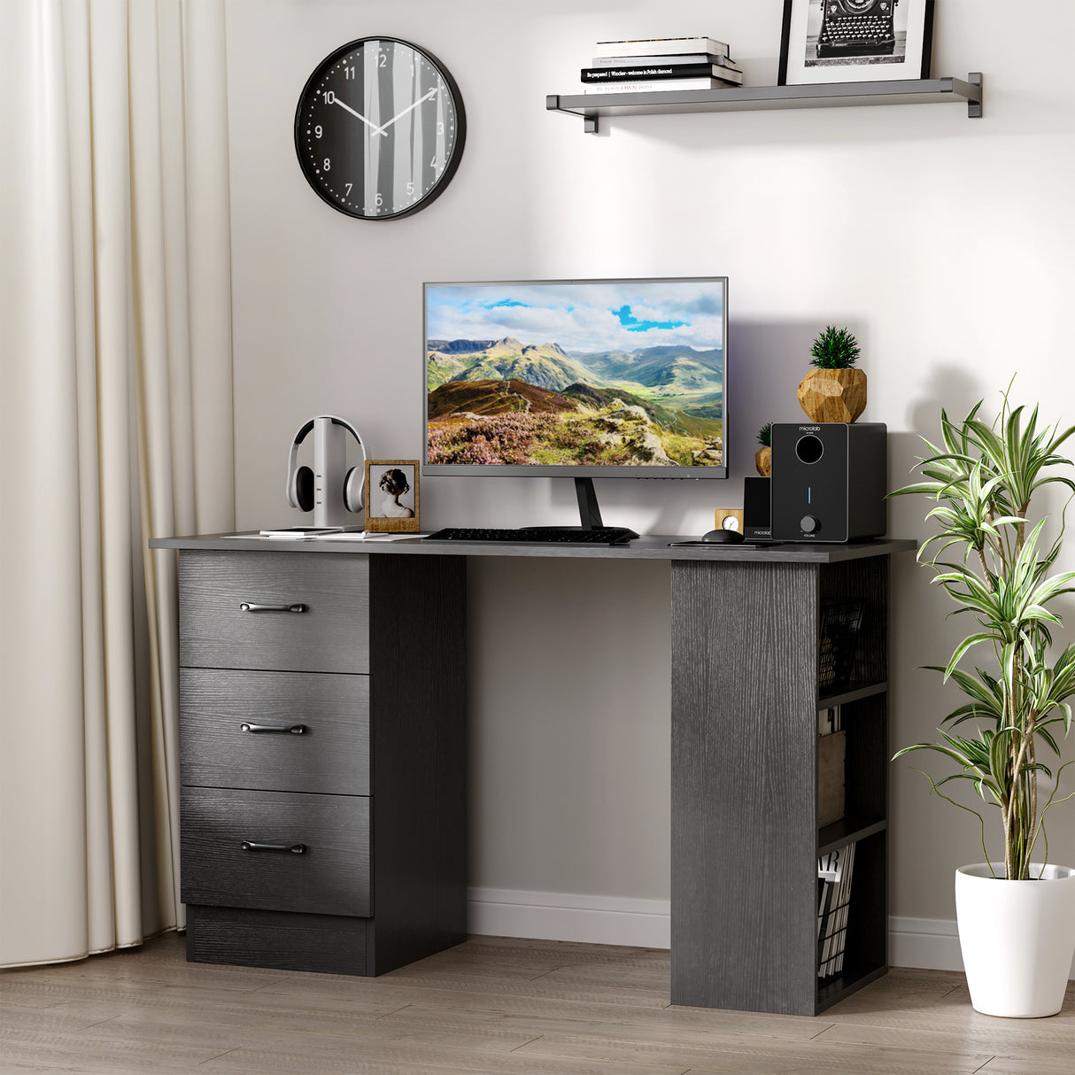 easycomfort easycomfort scrivania moderna in legno con 3 cassetti e 3 ripiani per camera e ufficio 120x49x72cm nero