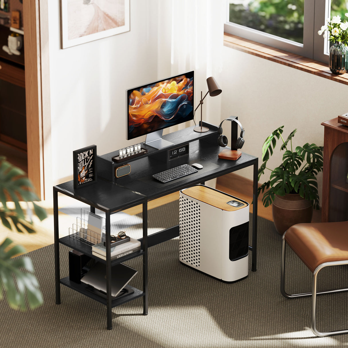 easycomfort easycomfort scrivania pc con supporto per monitor e 2 ripiani regolabili in legno e acciaio 120x48x85 5 cm nero