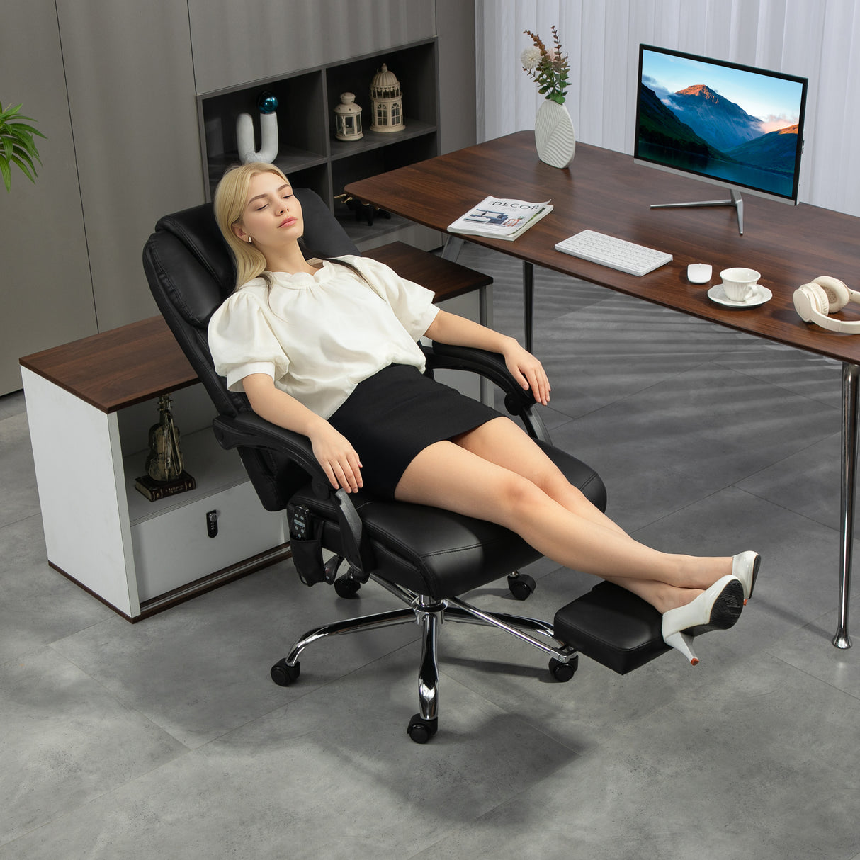 easycomfort easycomfort sedia da ufficio massaggiante e riscaldata con schienale reclinabile e poggiapiedi in pelle pu nero