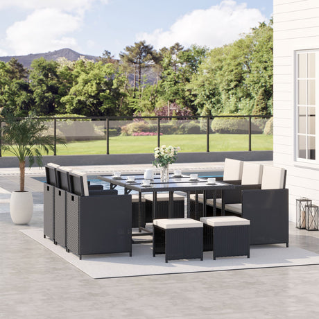 easycomfort easycomfort set 11 pz mobili da giardino in rattan da esterno con tavolo in vetro temperato e cuscini set da pranzo nero