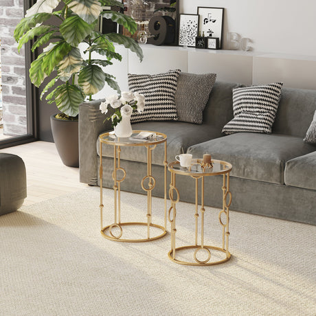 easycomfort easycomfort set 2 pezzi tavolini da caffe design elegante con motivi a cerchio metallo e vetro temperato 41x57cm 36x51cm oro ean 8055776910697