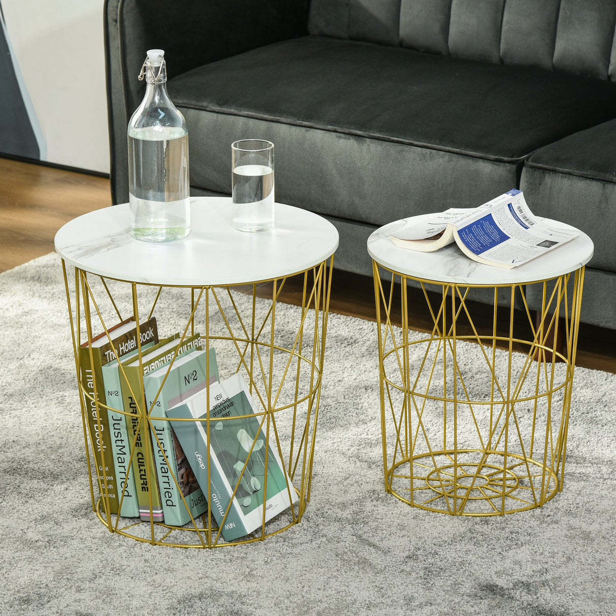 easycomfort easycomfort set 2 tavolini da salotto moderni impilabili con ripiano rimovibile tavolino da caffe con contenitore per soggiorno e camera bianco oro