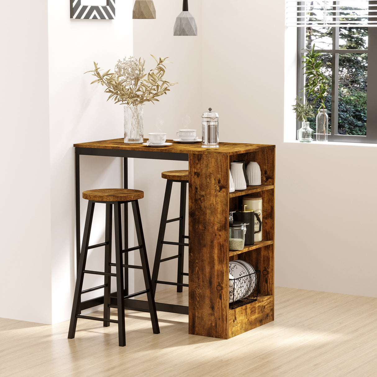 easycomfort easycomfort set bancone bar con 2 sgabelli alti stile industriale con mensole marrone rustico