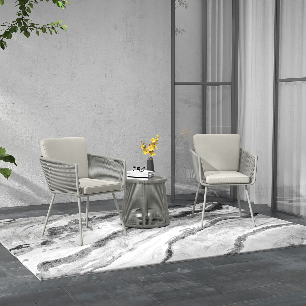 easycomfort easycomfort set da esterno con tavolino in vetro e 2 sedie da giardino in rattan stile boho grigio chiaro