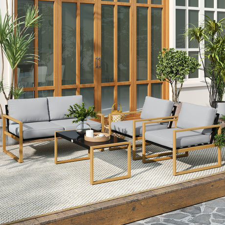 easycomfort easycomfort set da giardino 4 pezzi con 2 poltrone divanetto e tavolino in alluminio e fibra grigio e color legno