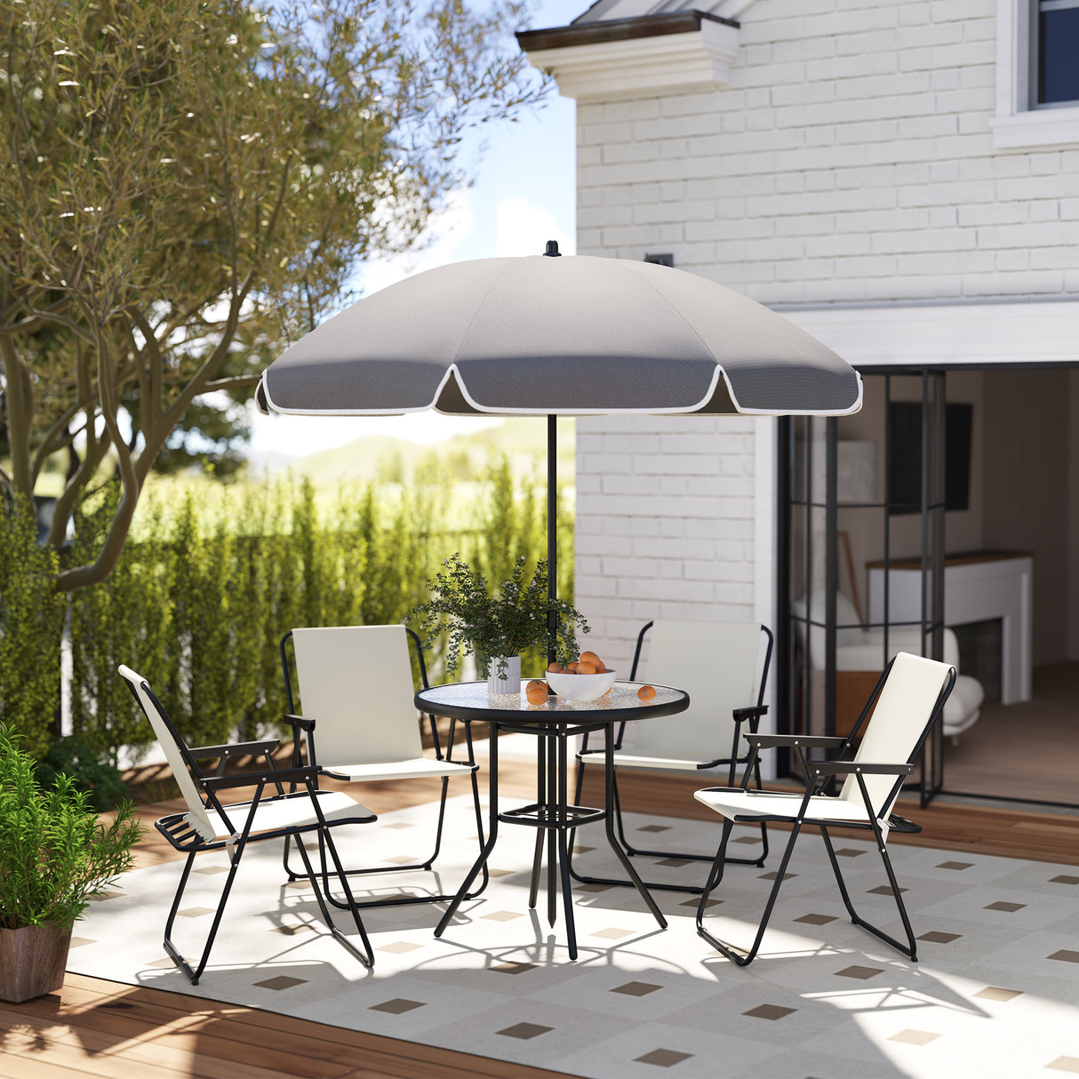 easycomfort easycomfort set da giardino 6 pezzi in acciaio con 4 sedie pieghevoli ombrellone e tavolo rotondo crema grigio e nero