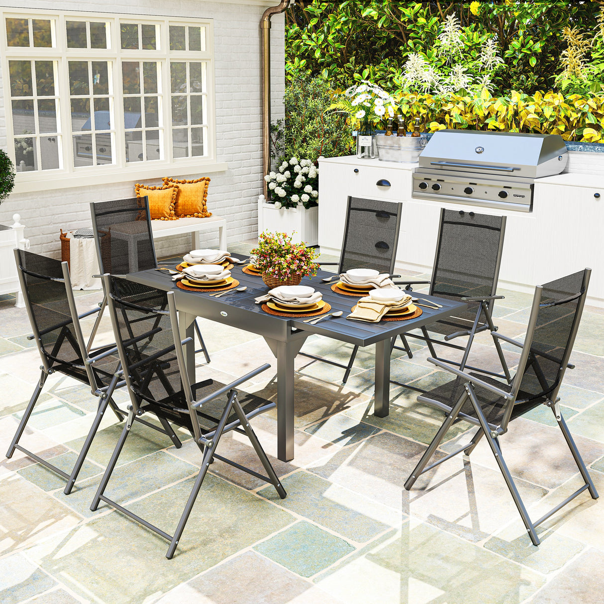 easycomfort easycomfort set da giardino 7 pezzi con 6 sedie pieghevoli e tavolo allungabile in acciaio alluminio e rete grigio e nero