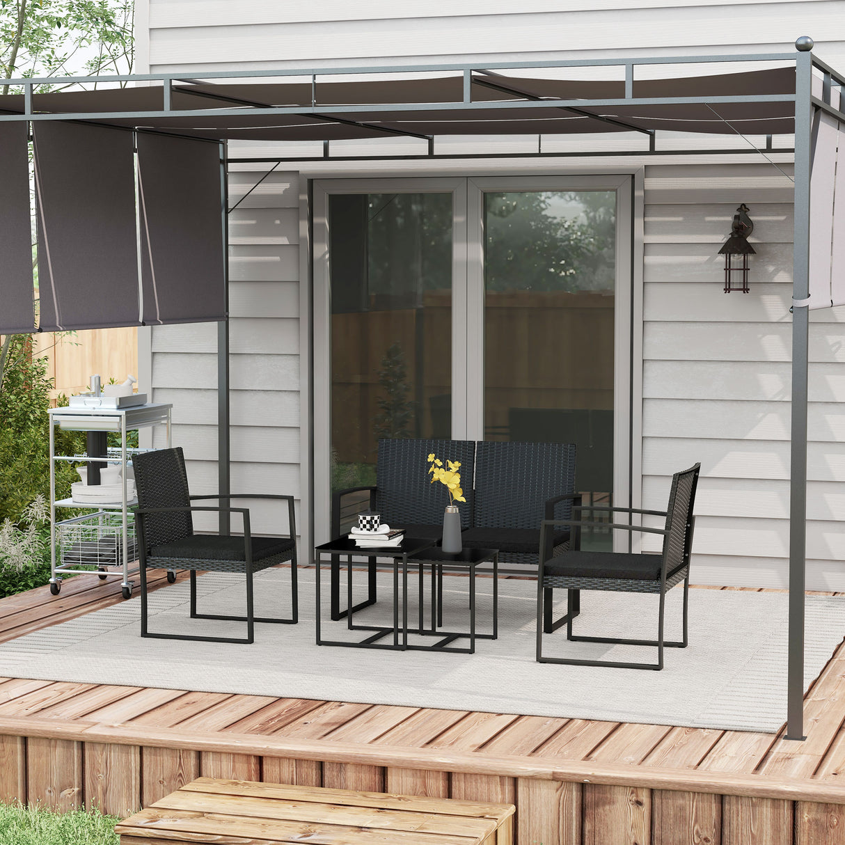 easycomfort easycomfort set da giardino con 2 sedie divanetto e 2 tavolini con cuscini e piano in vetro nero
