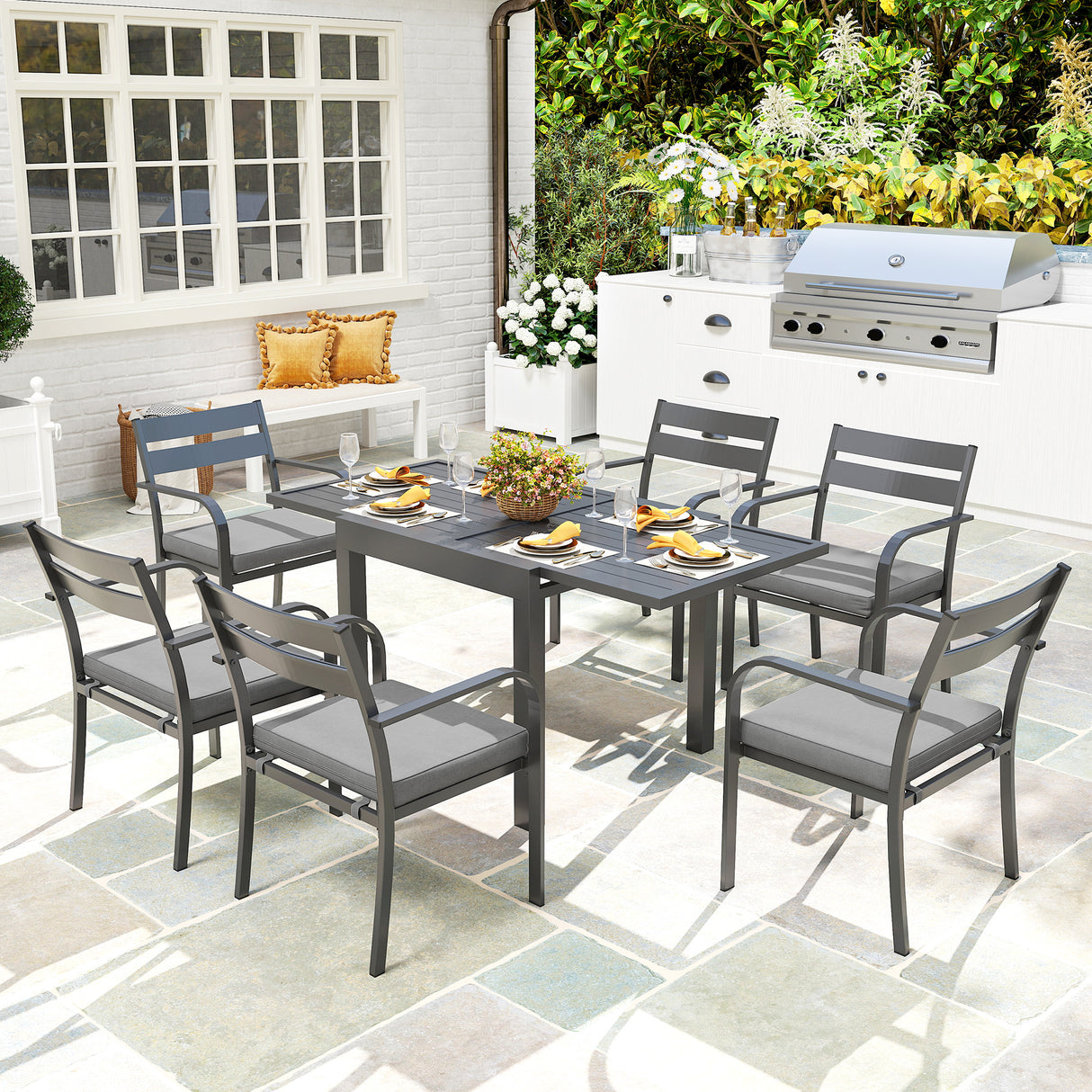easycomfort easycomfort set da giardino con tavolo allungabile e 6 sedie impilabili con cuscini grigio