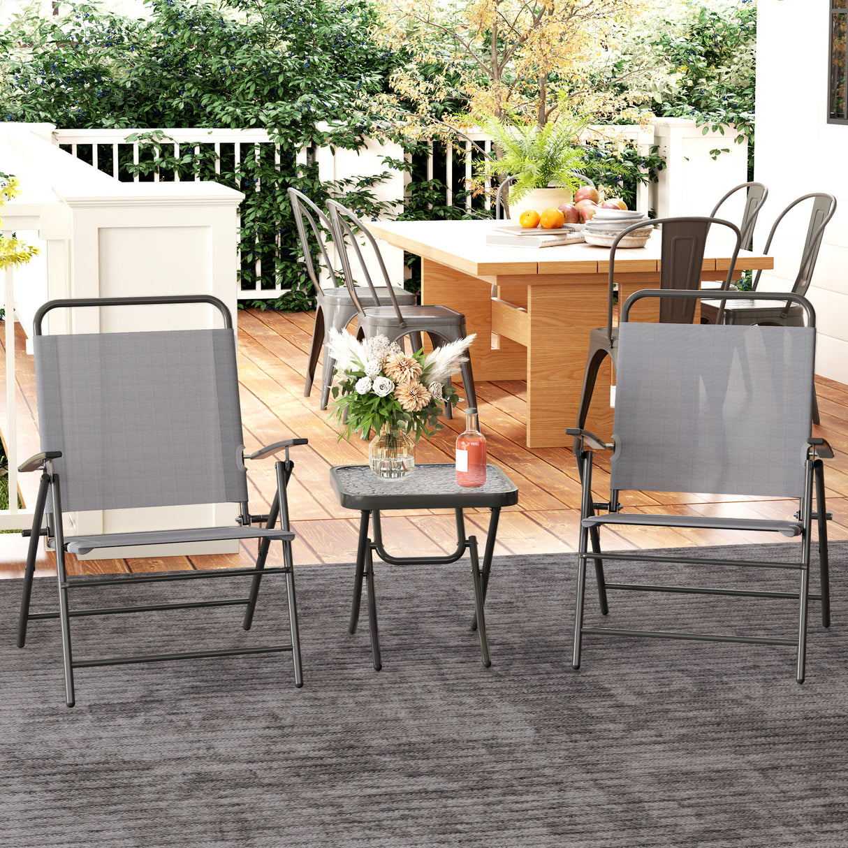 easycomfort easycomfort set da giardino con tavolo con piano in vetro e 2 sedie pieghevoli con schienale regolabile grigio