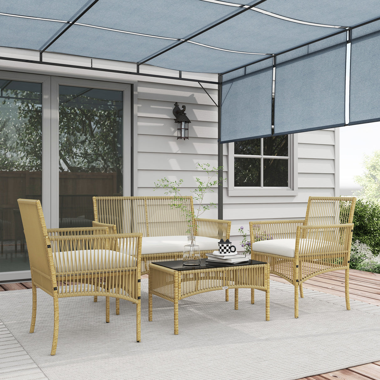 easycomfort easycomfort set da giardino in rattan da 4 pezzi con 2 poltroncine divano e tavolino da caffe naturale e nero