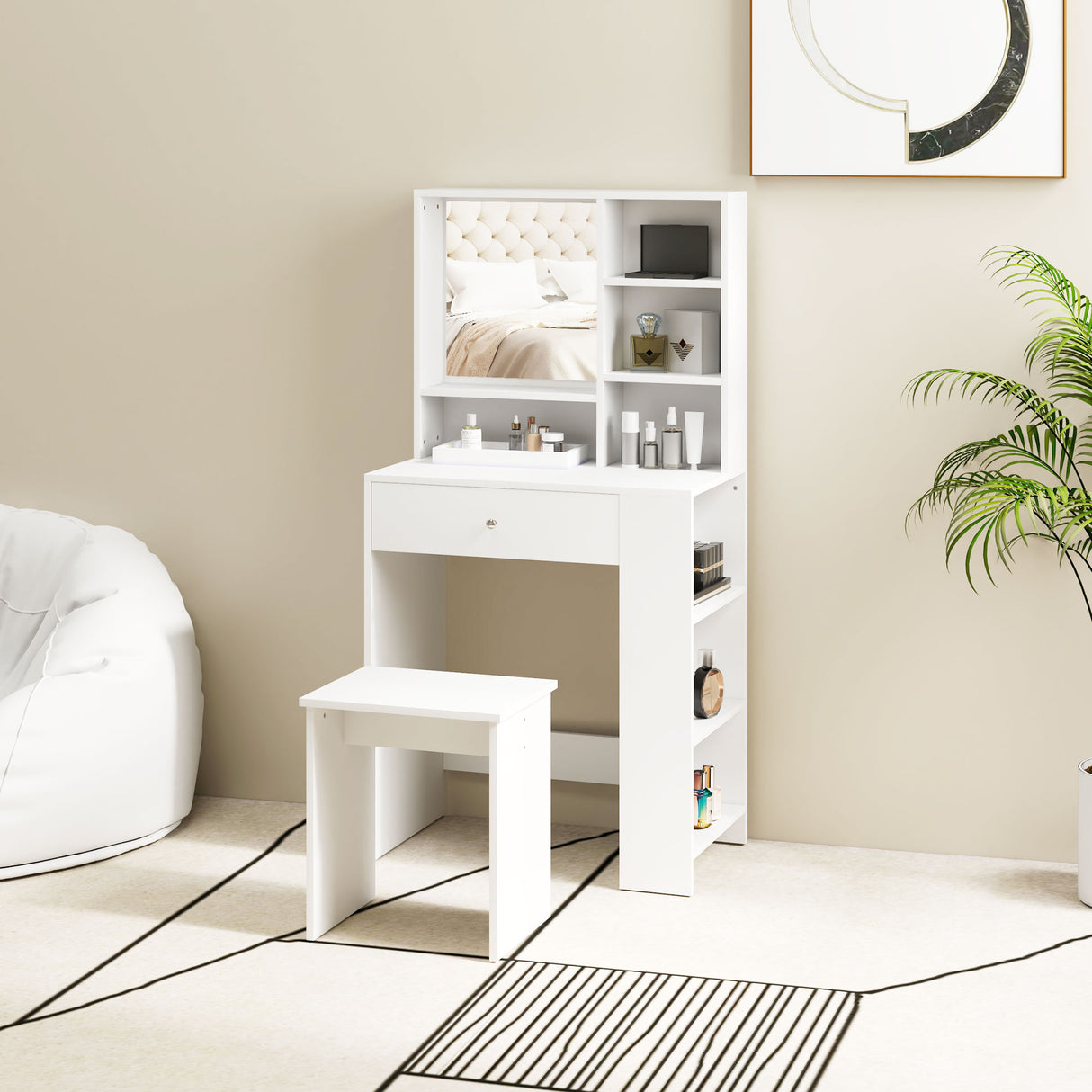 easycomfort easycomfort set toeletta da trucco con tavolino e sgabello specchio e ripiani in legno bianco