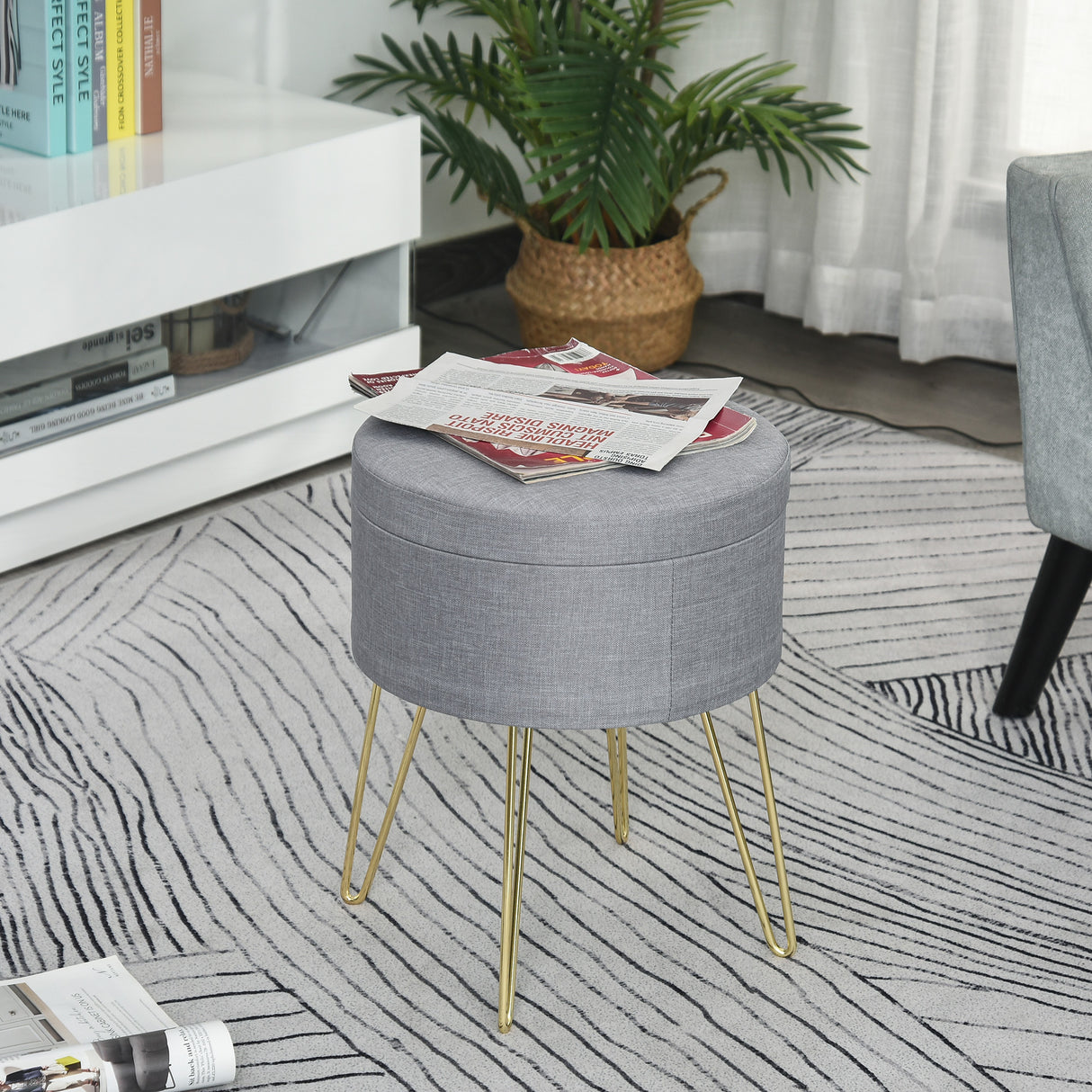 easycomfort easycomfort sgabello rotondo con vano contenitore in tessuto grigio e oro 36x36x45cm
