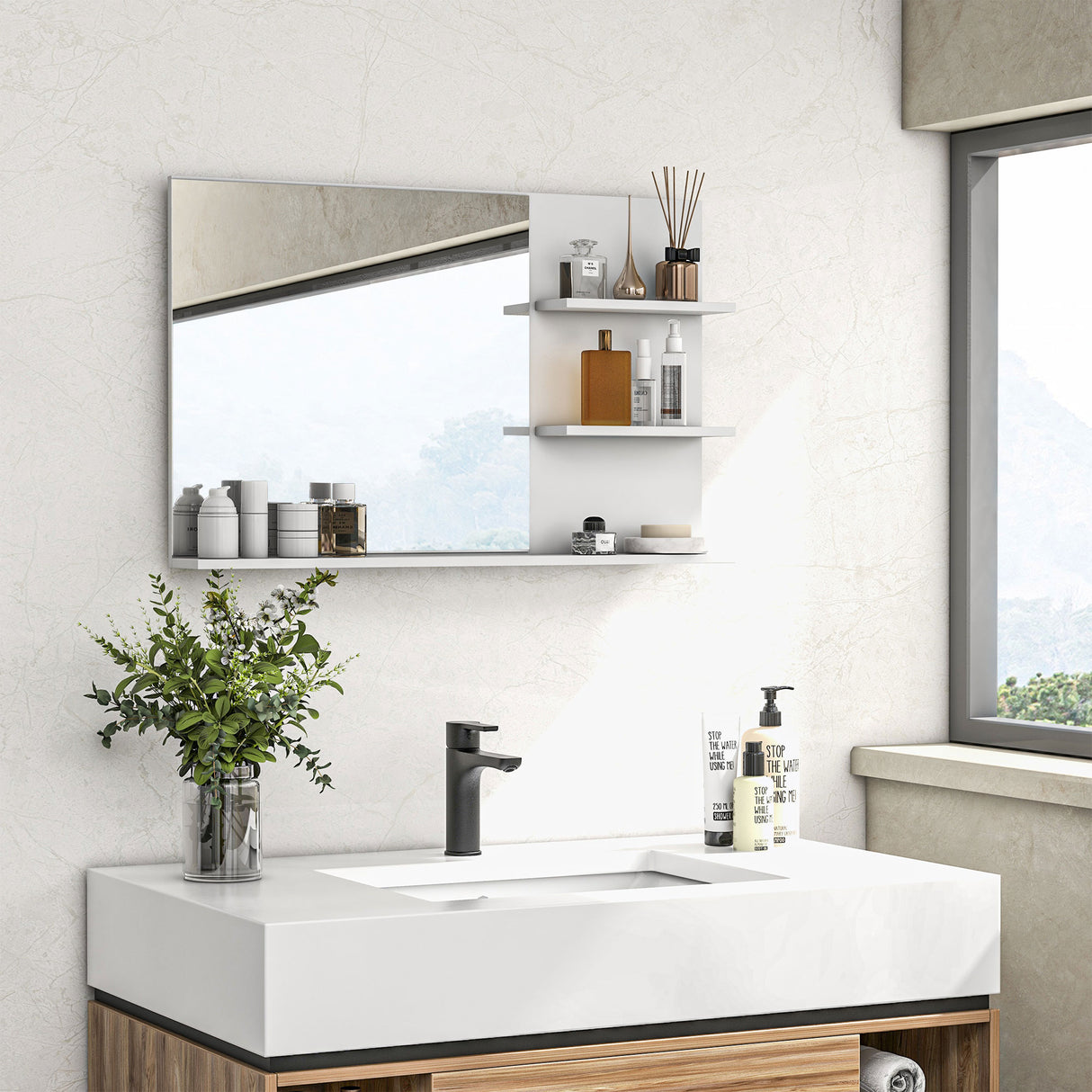 easycomfort easycomfort specchio da bagno a parete con 2 ripiani laterali e ripiano inferiore in mdf e vetro 75x10x48 cm bianco