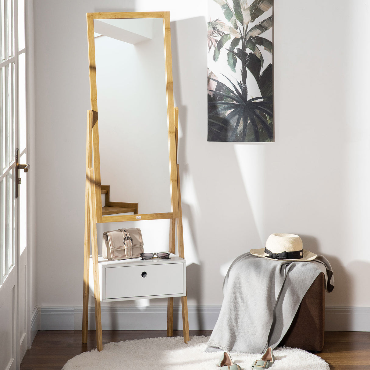 easycomfort easycomfort specchio da terra con cassetto in mdf e bambu 45x30x160 cm bianco e color legno
