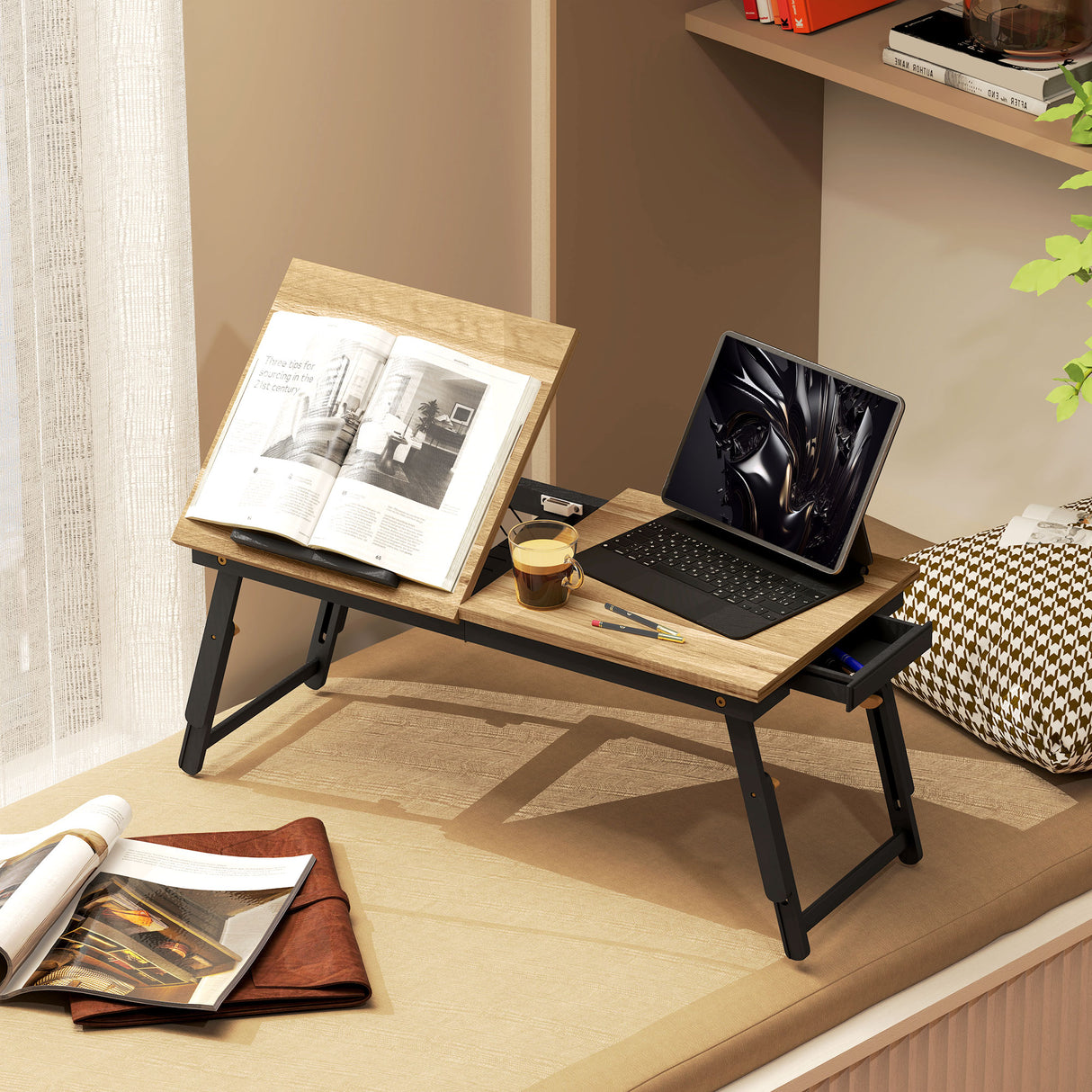 easycomfort easycomfort supporto monitor inclinabile e regolabile con cassetto laterale in legno 86x33x22 5 32 cm rovere e nero