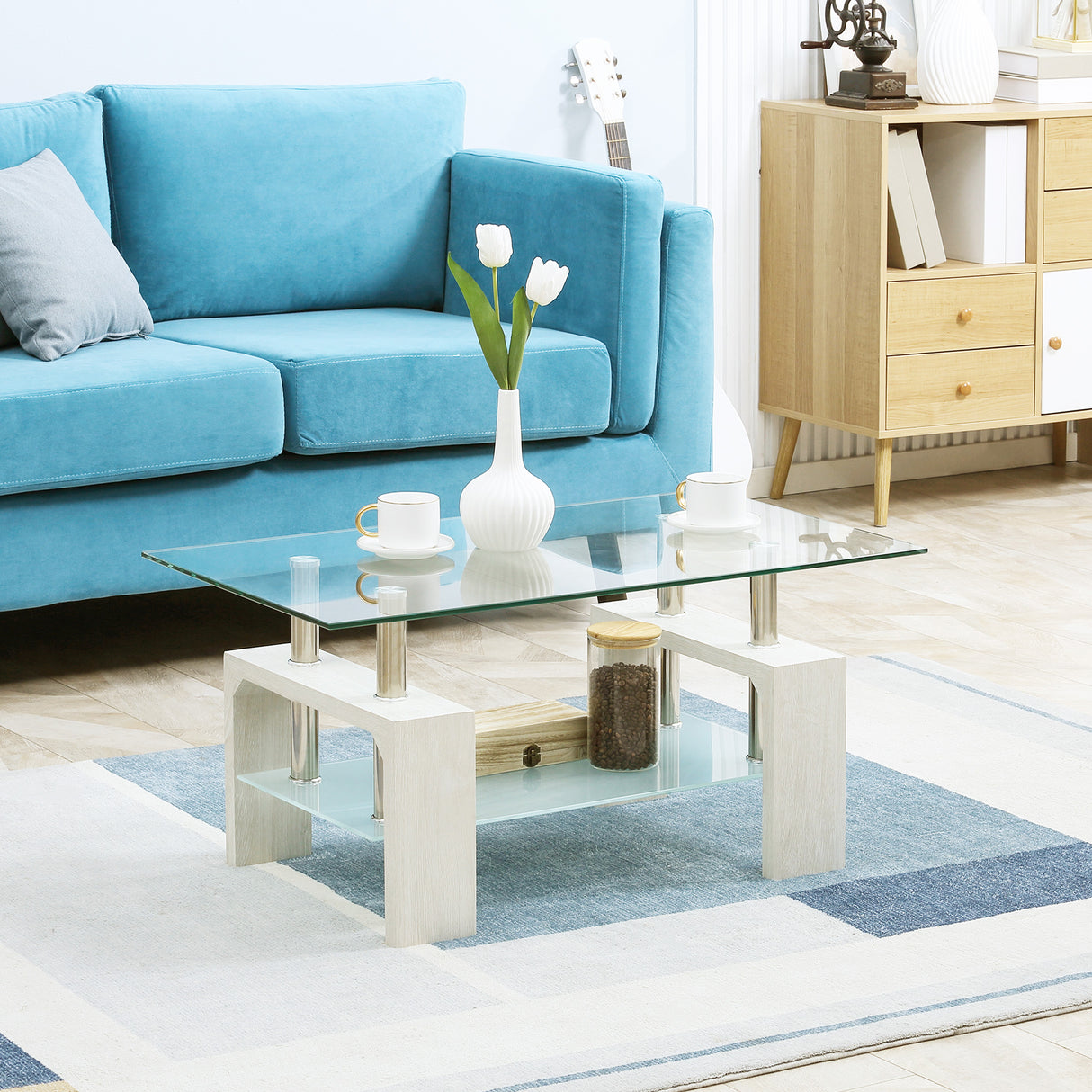 easycomfort easycomfort tavolino da caffe moderno a 2 livelli in vetro e legno 90x50x42cm bianco