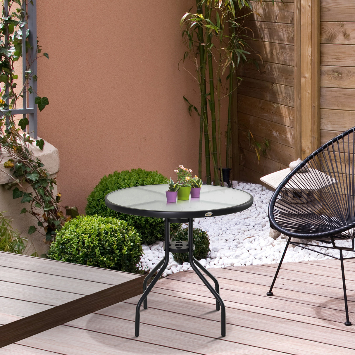 easycomfort easycomfort tavolino da giardino con piano in vetro temperato e foro per ombrellone acciaio 80 x 72 cm nero