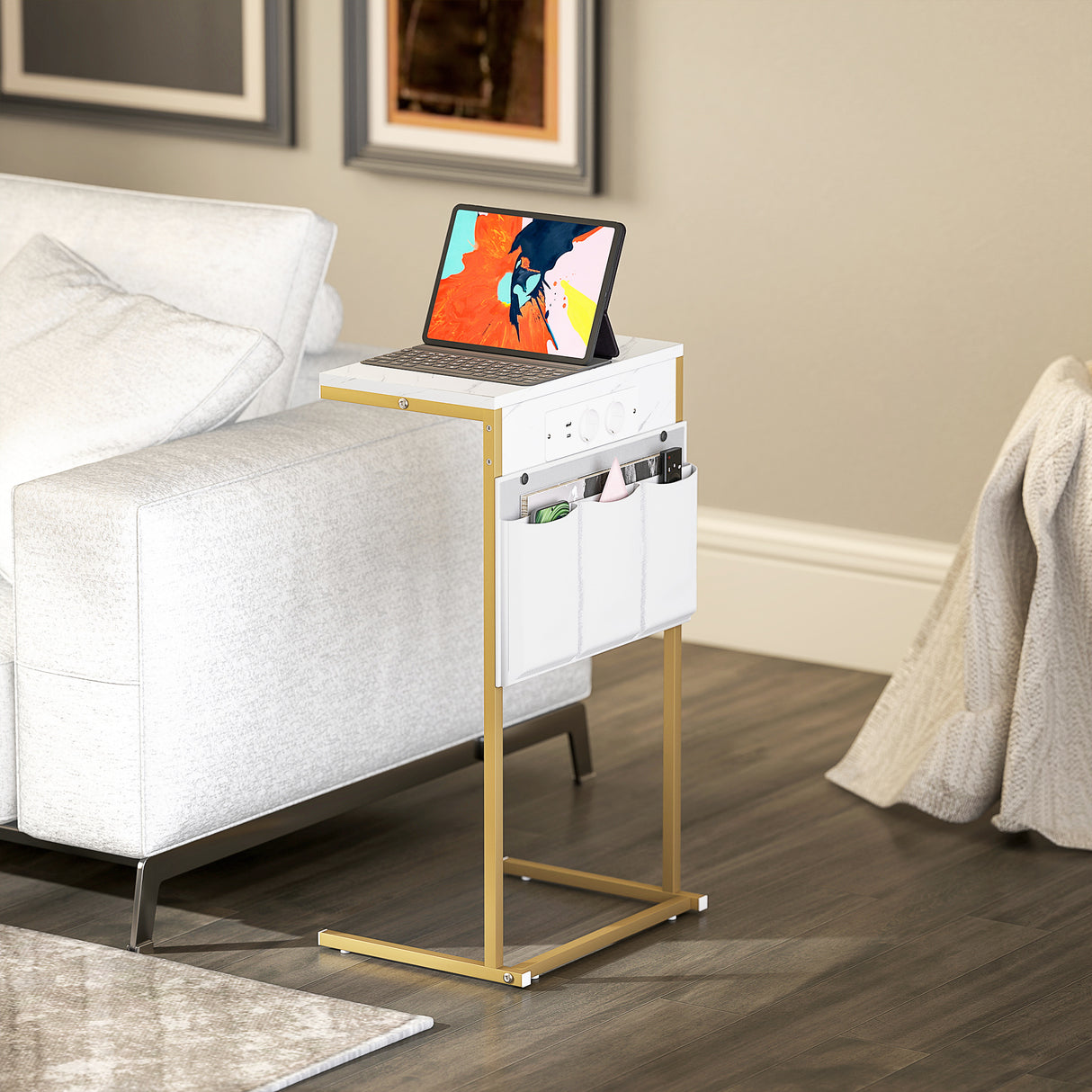 easycomfort easycomfort tavolino da salotto a forma di c effetto marmo con prese di corrente e usb integrate bianco