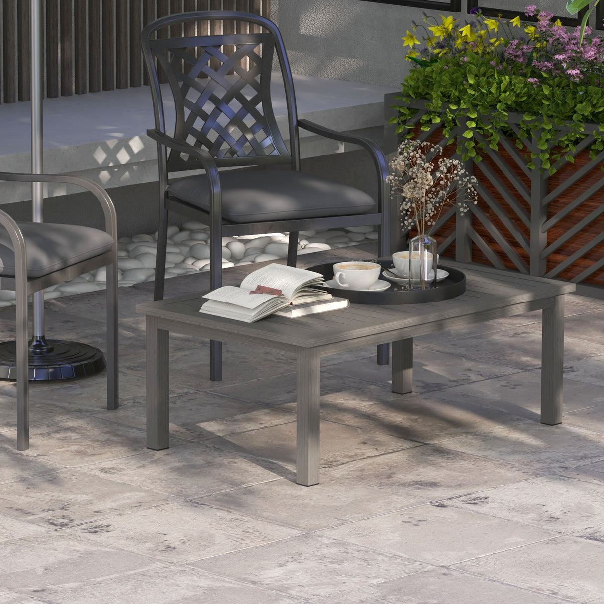 easycomfort easycomfort tavolino per esterni rettangolare in alluminio effetto legno 100x60cm marrone