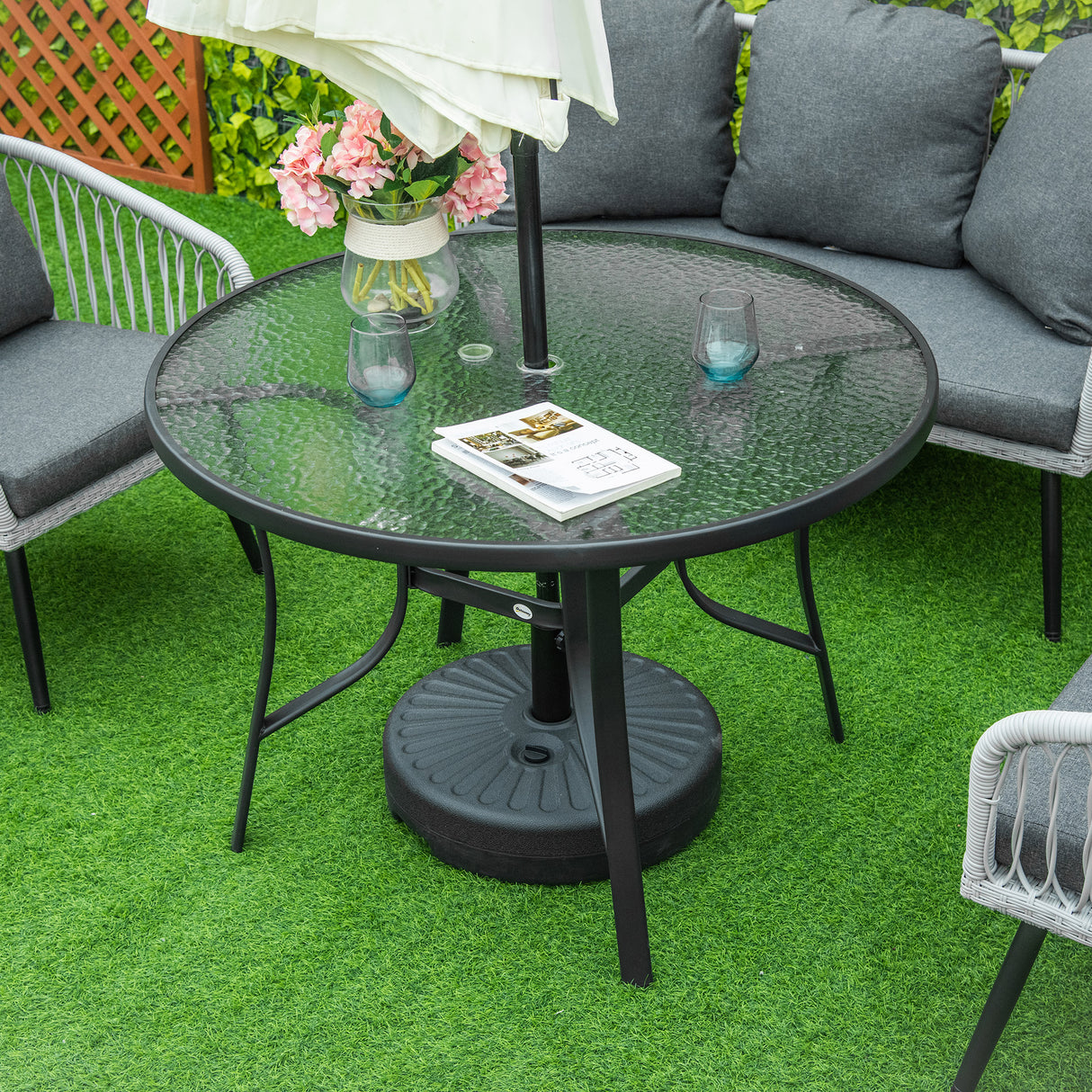 easycomfort easycomfort tavolo da giardino rotondo con foro per ombrellone in acciaio e vetro 106 5x71cm nero
