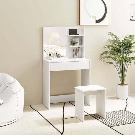 easycomfort easycomfort tavolo da trucco a 3 ripiani e cassetti con specchio e sgabello in truciolato 75x40x137 cm bianco